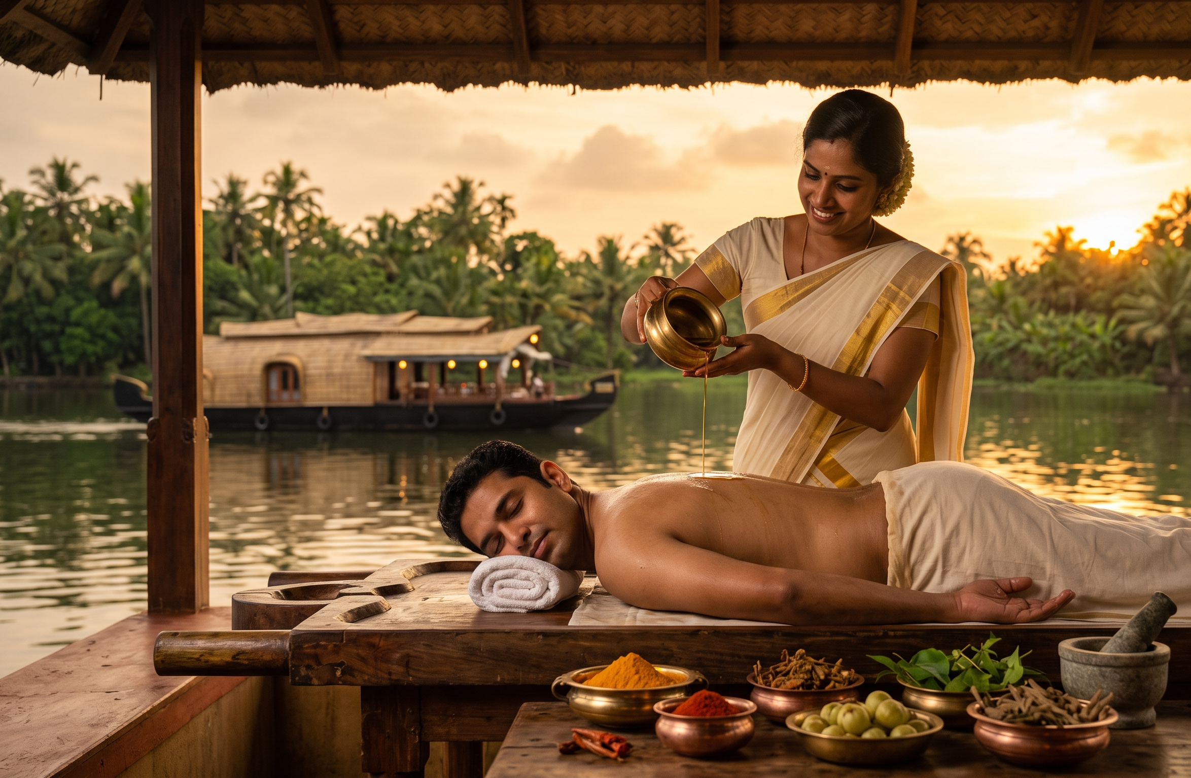 Ayurveda treatment on the Vembanad backwaters — Kerala's living wellness tradition
