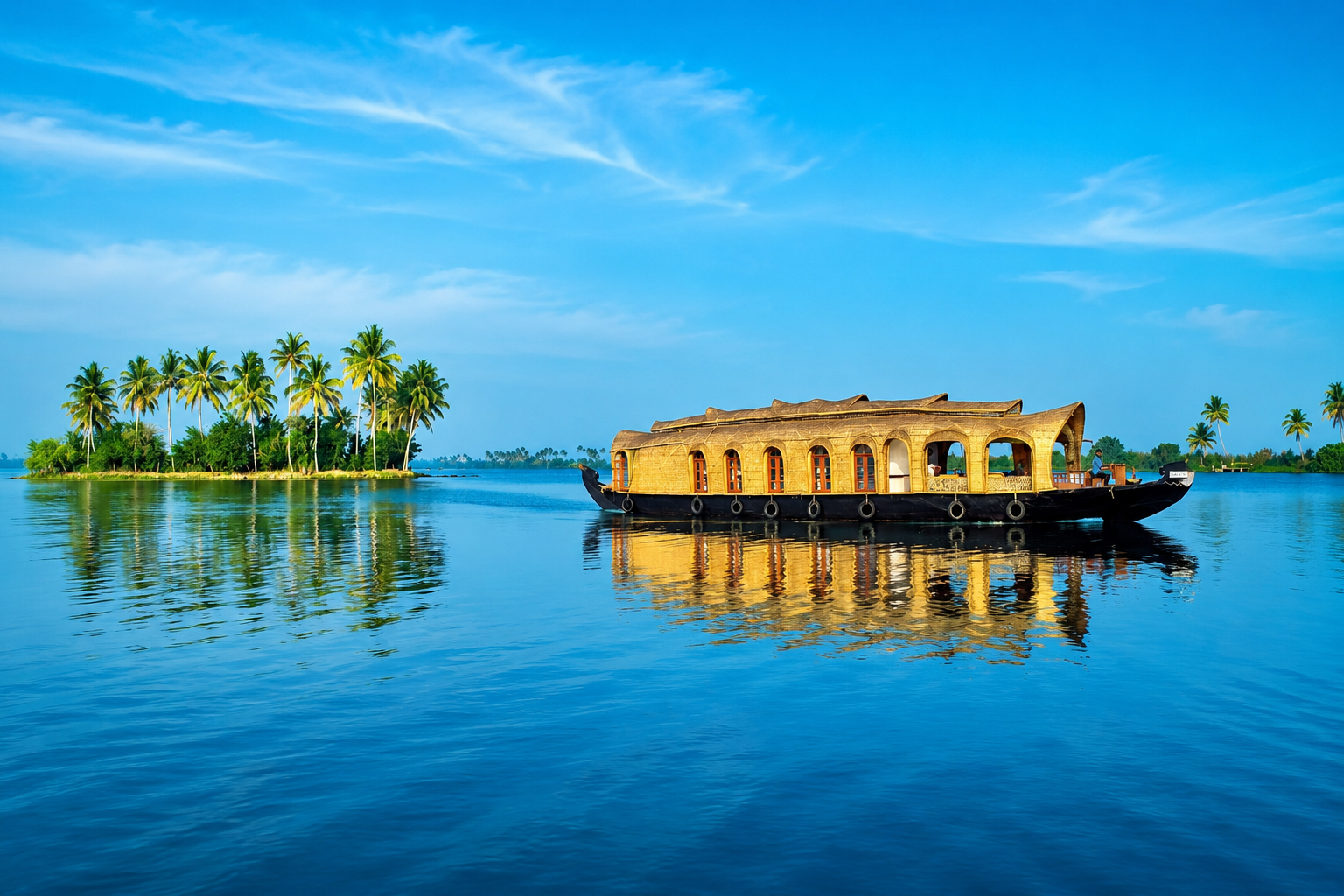A traditional Kerala kettuvallam houseboat on the Vembanad