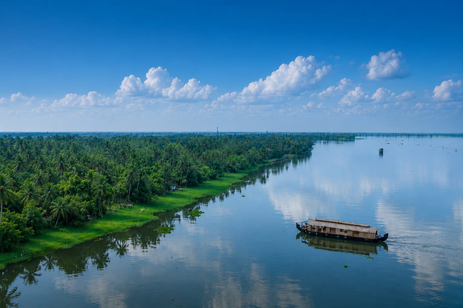 A kettuvallam houseboat gliding through the Vembanad backwaters, Kerala